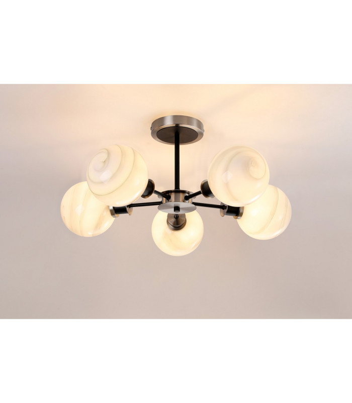 Plattsburgh Semi Ceiling 5x E14 IP44 15cm Round White & Grey Marble Effect Glass Shade Satin Nickel & Satin Black-3