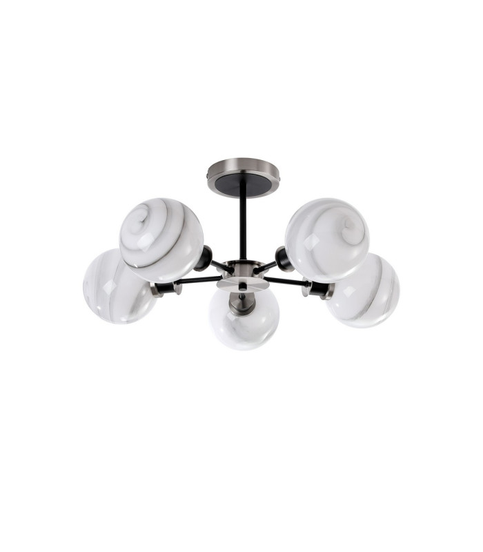 Plattsburgh Semi Ceiling 5x E14 IP44 15cm Round White & Grey Marble Effect Glass Shade Satin Nickel & Satin Black-4