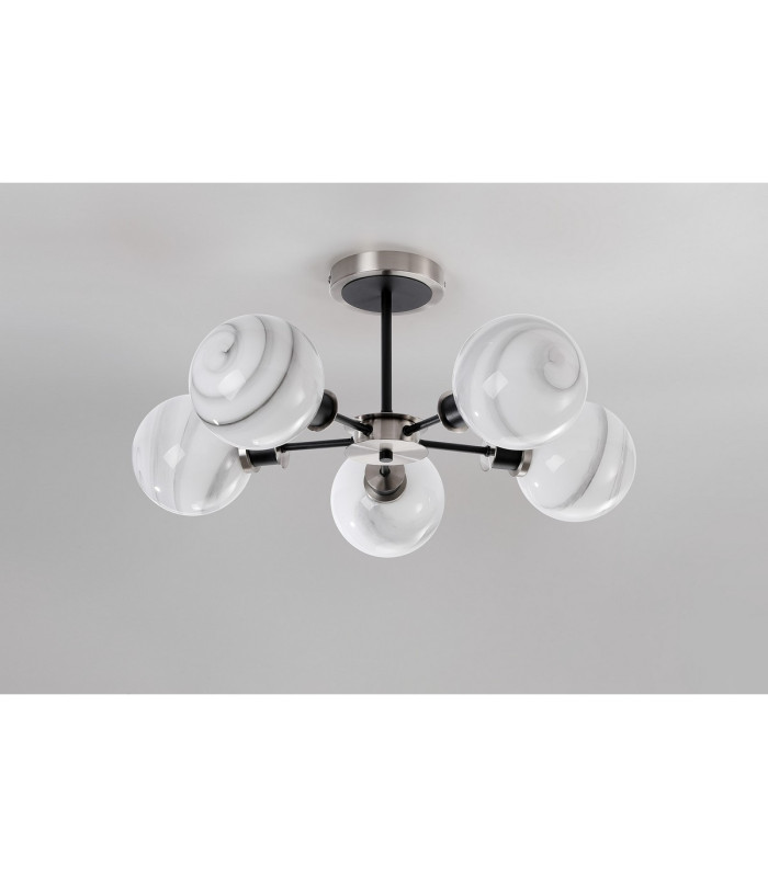 Plattsburgh Semi Ceiling 5x E14 IP44 15cm Round White & Grey Marble Effect Glass Shade Satin Nickel & Satin Black-8