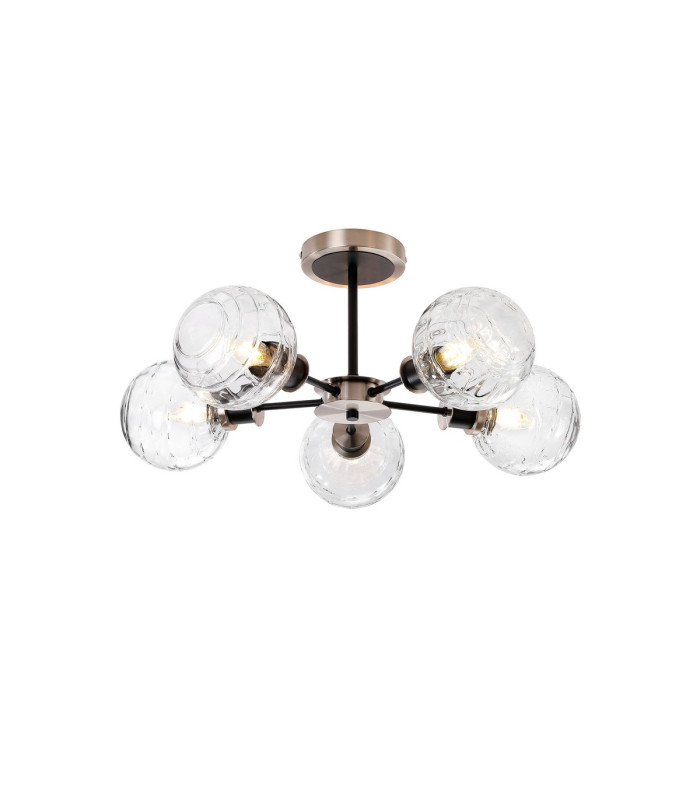 Plattsburgh Semi Ceiling 5 Light E14 IP44 15cm Round Textured Melting Glass Shade Satin Nickel Clear & Satin Black-1