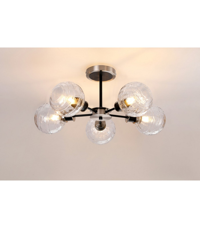 Plattsburgh Semi Ceiling 5 Light E14 IP44 15cm Round Textured Melting Glass Shade Satin Nickel Clear & Satin Black-3