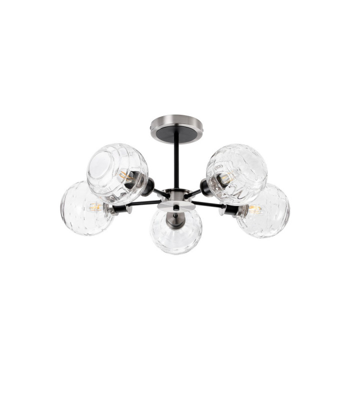 Plattsburgh Semi Ceiling 5 Light E14 IP44 15cm Round Textured Melting Glass Shade Satin Nickel Clear & Satin Black-4