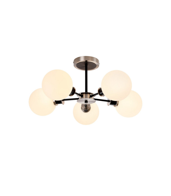 Plattsburgh Semi Ceiling 5 Light E14 IP44 15cm Round Glass Shade Satin Nickel Opal & Satin Black-1