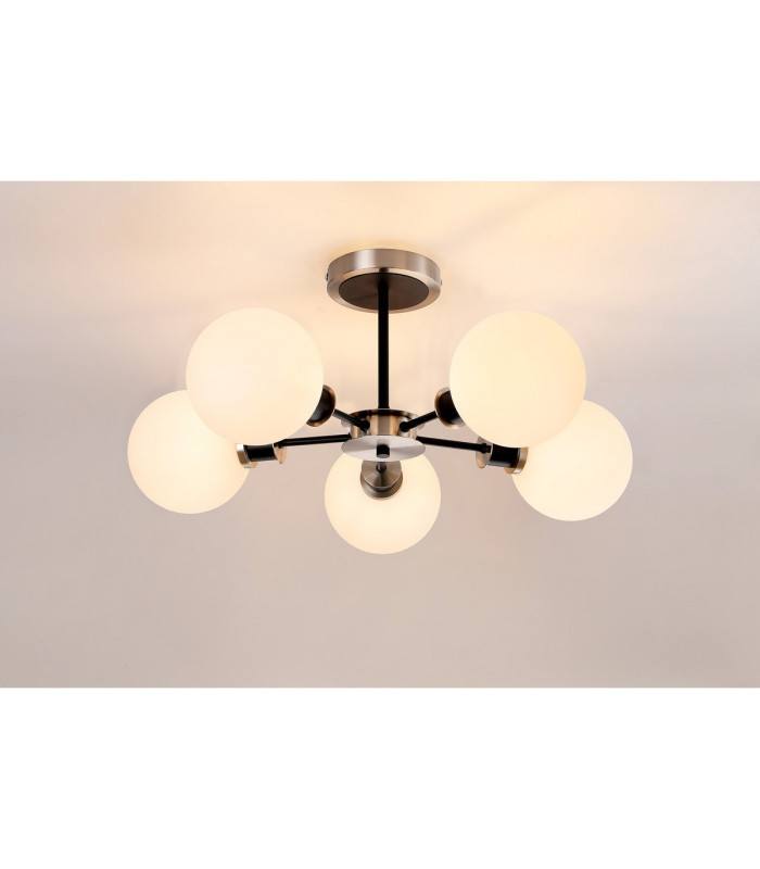 Plattsburgh Semi Ceiling 5 Light E14 IP44 15cm Round Glass Shade Satin Nickel Opal & Satin Black-3
