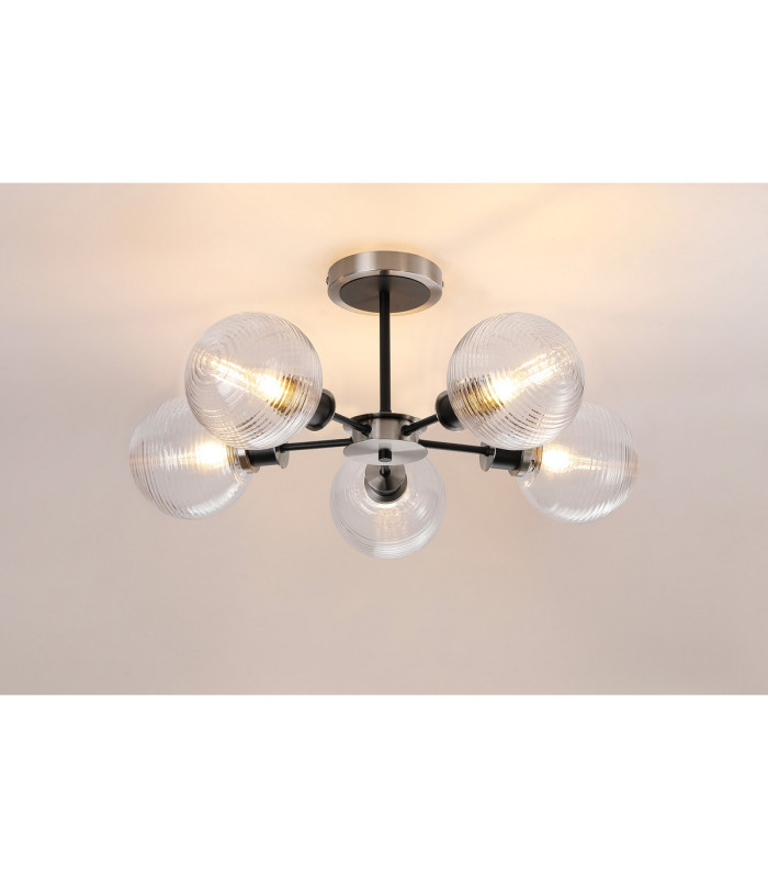 Plattsburgh Semi Ceiling 5 Light E14 IP44 15cm Round Ribbed Glass Shade Satin Nickel Clear & Satin Black-3