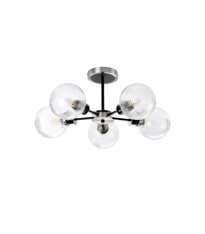 Plattsburgh Semi Ceiling 5 Light E14 IP44 15cm Round Ribbed Glass Shade Satin Nickel Clear & Satin Black-4