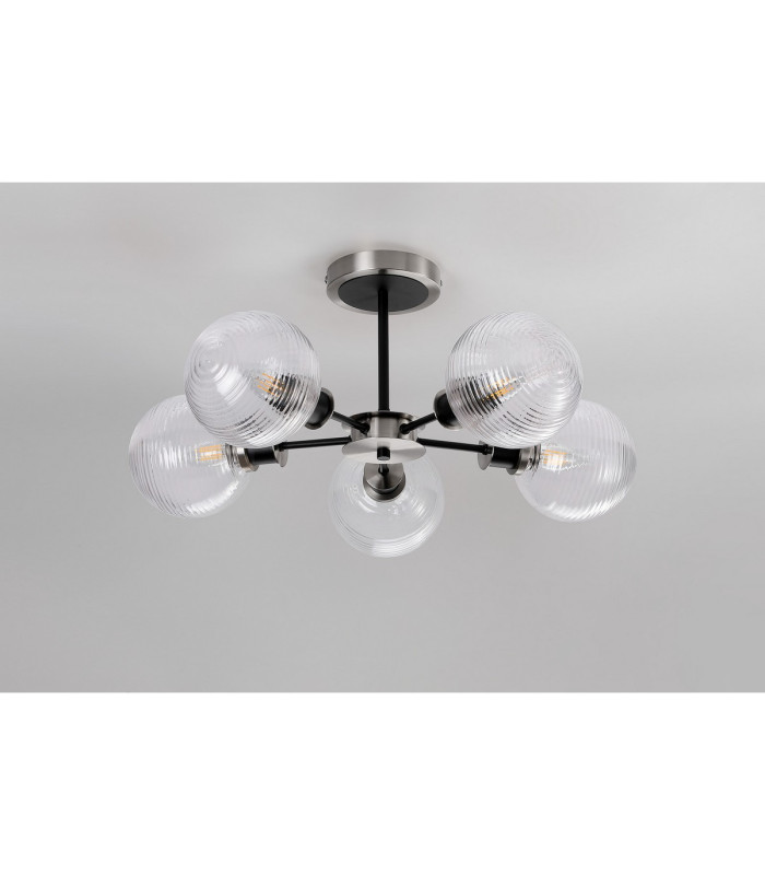 Plattsburgh Semi Ceiling 5 Light E14 IP44 15cm Round Ribbed Glass Shade Satin Nickel Clear & Satin Black-8