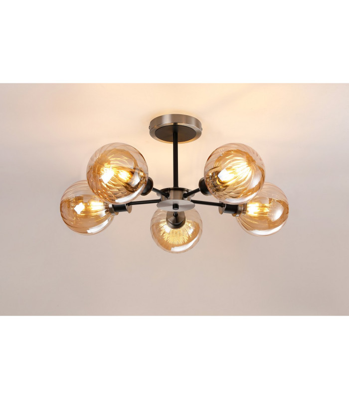 Plattsburgh Semi Ceiling 5 Light E14 IP44 15cm Round Segment Glass Shade Satin Nickel Amber Plated & Satin Black-3