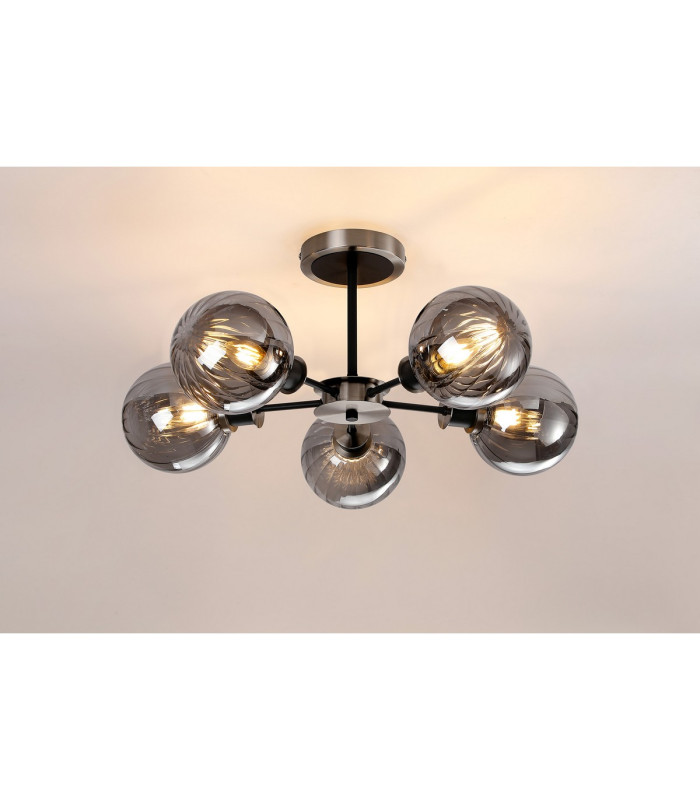 Plattsburgh Semi Ceiling 5 Light E14 IP44 15cm Round Segment Glass Shade Satin Nickel Smoke Plated & Satin Black-3