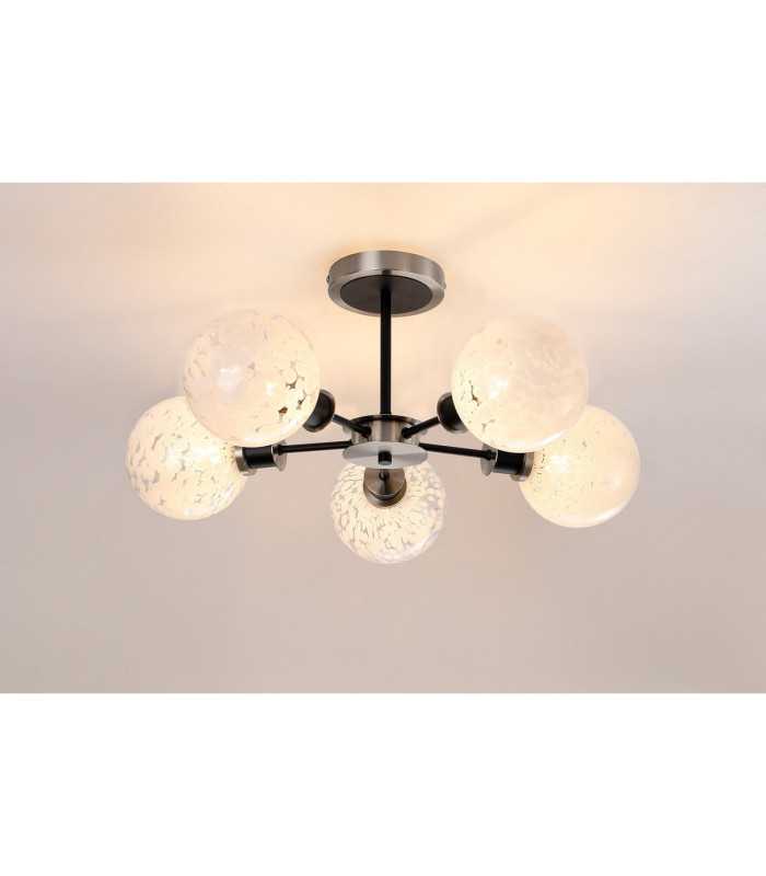 Plattsburgh Semi Ceiling 5 Light E14 IP44 15cm Round Speckled Glass Shade Satin Nickel White & Satin Black-3