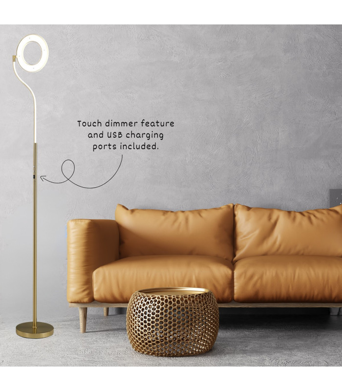 Colonie 2 Light Floor Lamp USB 2.1 mAh Socket 18+7W LED 3000K Touch Dimmer 2500lm Satin Gold -4