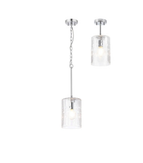 Forest 18cm Polished Chrome Pendant/Semi Flush/Semi Flush 1 x E27 Cylinder Ribbed Glass (A)-1