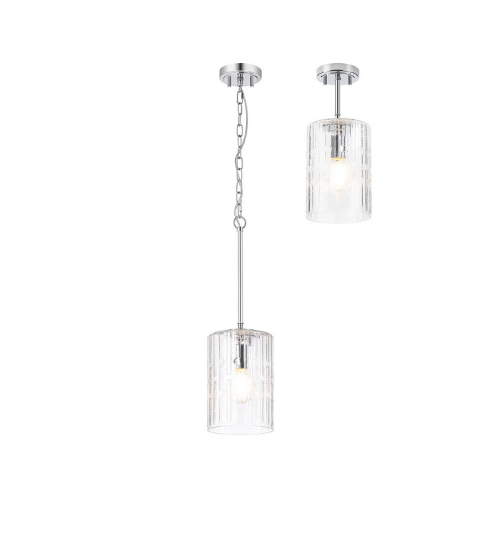 Forest 18cm Polished Chrome Pendant/Semi Flush/Semi Flush 1 x E27 Cylinder Ribbed Glass (A)-1
