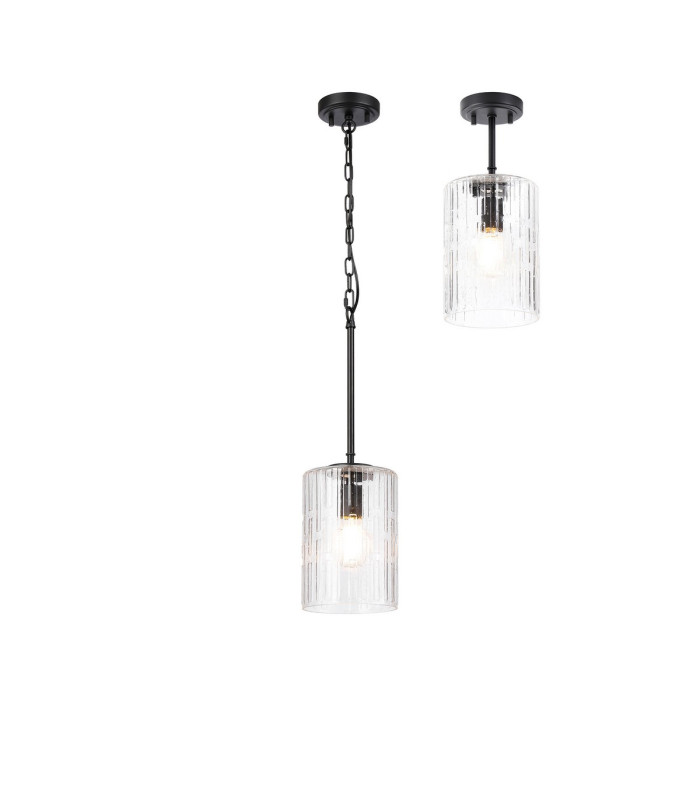 Forest 18cm Satin Black Pendant/Semi Flush/Semi Flush 1 x E27 Cylinder Ribbed Glass (A)-1