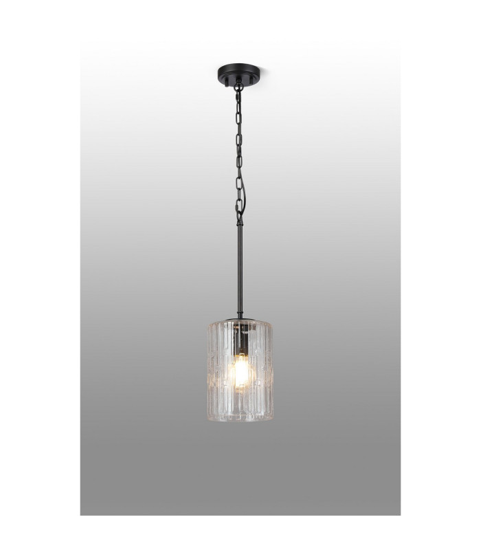 Forest 18cm Satin Black Pendant/Semi Flush/Semi Flush 1 x E27 Cylinder Ribbed Glass (A)-3