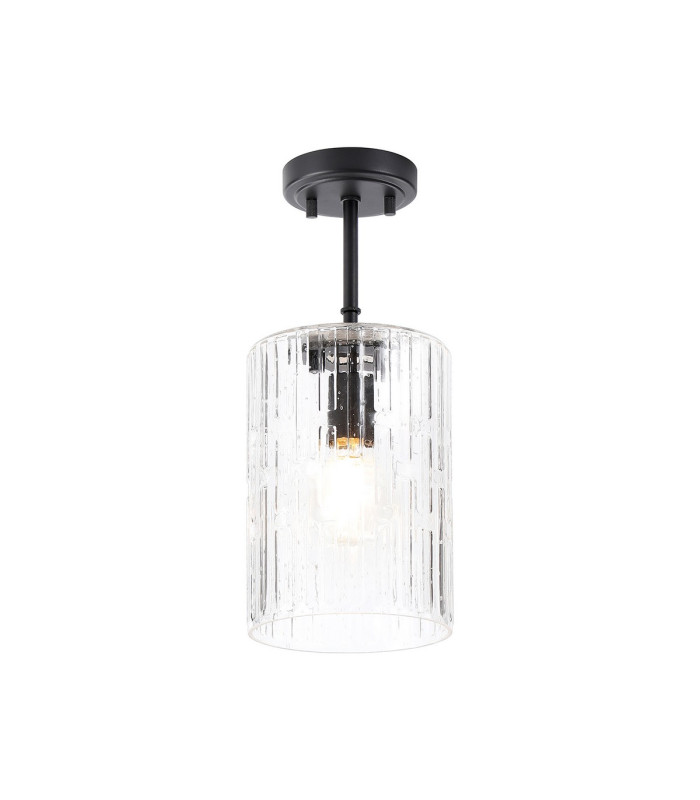 Forest 18cm Satin Black Pendant/Semi Flush/Semi Flush 1 x E27 Cylinder Ribbed Glass (A)-5