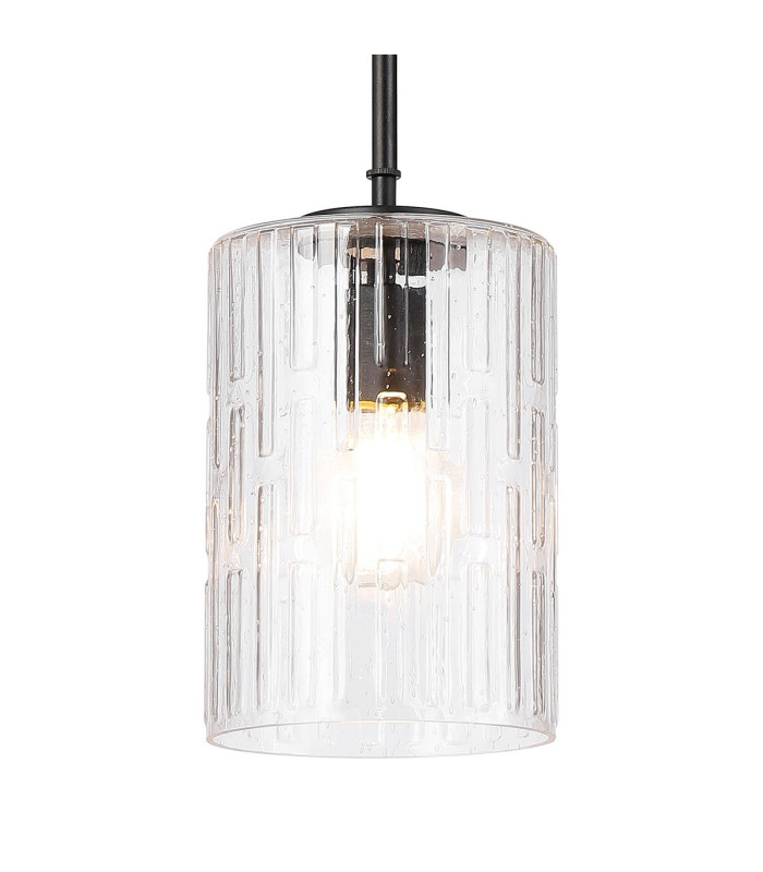Forest 18cm Satin Black Pendant/Semi Flush/Semi Flush 1 x E27 Cylinder Ribbed Glass (A)-6