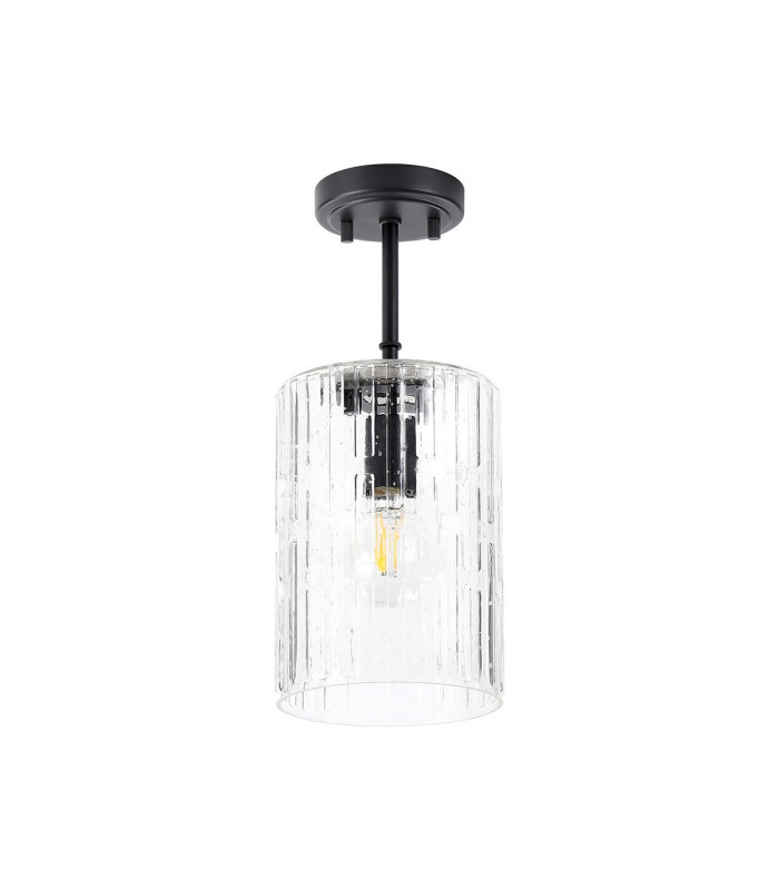 Forest 18cm Satin Black Pendant/Semi Flush/Semi Flush 1 x E27 Cylinder Ribbed Glass (A)-9