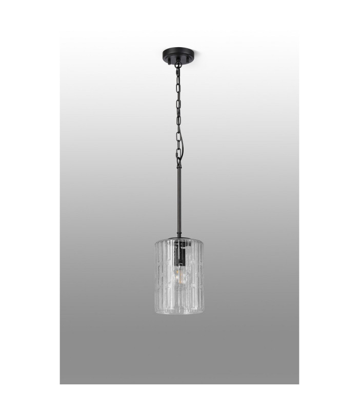 Forest 18cm Satin Black Pendant/Semi Flush/Semi Flush 1 x E27 Cylinder Ribbed Glass (A)-10