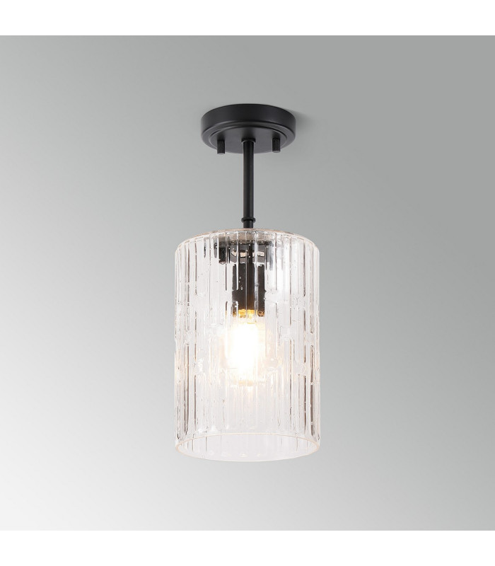 Forest 18cm Satin Black Pendant/Semi Flush/Semi Flush 1 x E27 Cylinder Ribbed Glass (A)-11