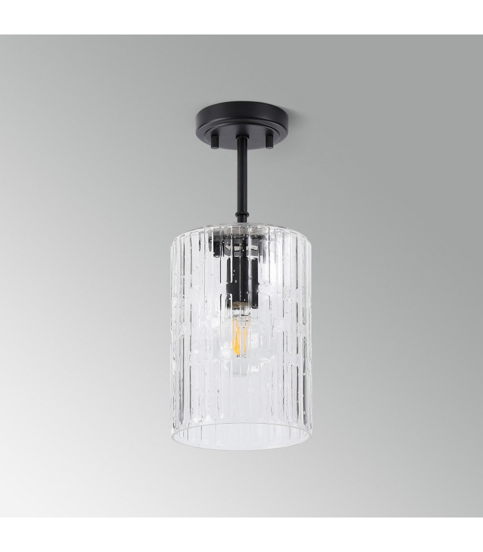 Forest 18cm Satin Black Pendant/Semi Flush/Semi Flush 1 x E27 Cylinder Ribbed Glass (A)-12