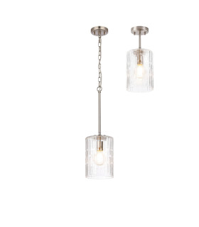Forest 18cm Satin Nickel Pendant/Semi Flush/Semi Flush 1 x E27 Cylinder Ribbed Glass (A)-1