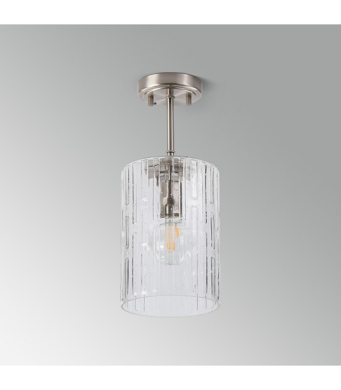 Forest 18cm Satin Nickel Pendant/Semi Flush/Semi Flush 1 x E27 Cylinder Ribbed Glass (A)-12