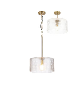 Forest 38cm Gold Pendant/Semi Flush/Semi Flush 1 x E27 Drum Ribbed Glass (B)-1