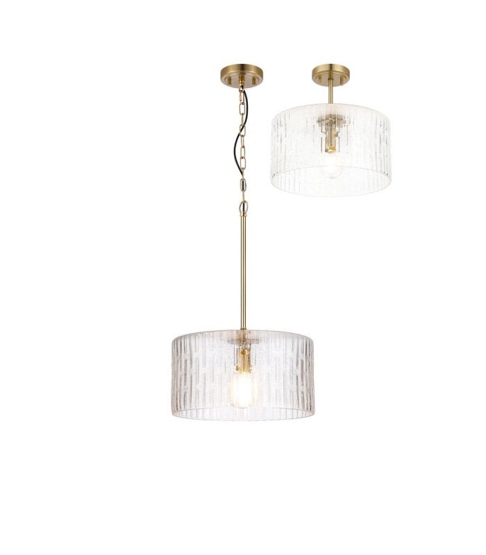 Forest 38cm Gold Pendant/Semi Flush/Semi Flush 1 x E27 Drum Ribbed Glass (B)-1
