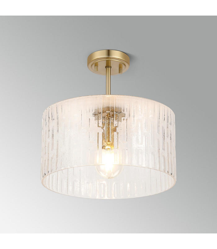 Forest 38cm Gold Pendant/Semi Flush/Semi Flush 1 x E27 Drum Ribbed Glass (B)-12