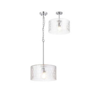 Forest 38cm Polished Chrome Pendant/Semi Flush/Semi Flush 1 x E27 Drum Ribbed Glass (B)-1