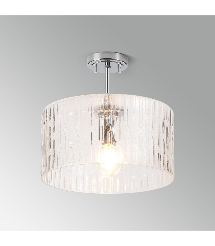Forest 38cm Polished Chrome Pendant/Semi Flush/Semi Flush 1 x E27 Drum Ribbed Glass (B)-12