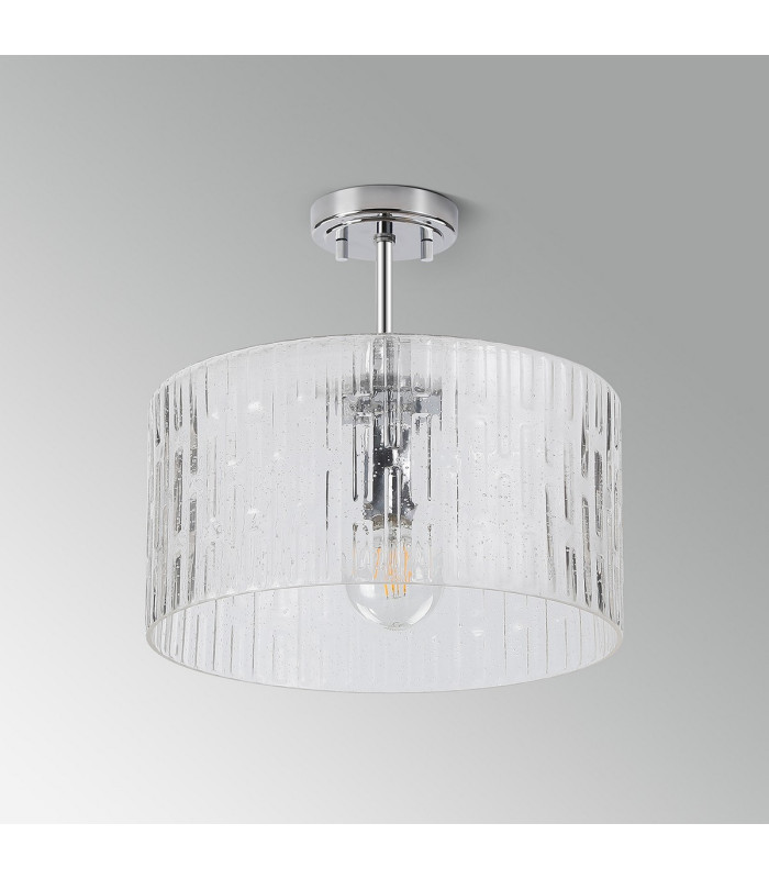 Forest 38cm Polished Chrome Pendant/Semi Flush/Semi Flush 1 x E27 Drum Ribbed Glass (B)-13