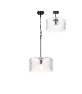 Forest 38cm Satin Black Pendant/Semi Flush/Semi Flush 1 x E27 Drum Ribbed Glass (B)-1