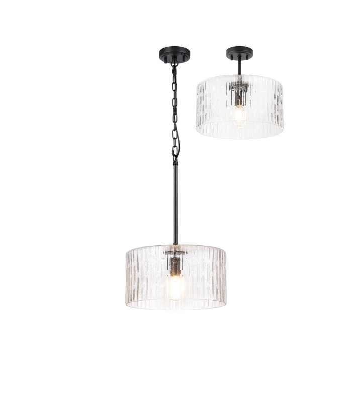 Forest 38cm Satin Black Pendant/Semi Flush/Semi Flush 1 x E27 Drum Ribbed Glass (B)-1
