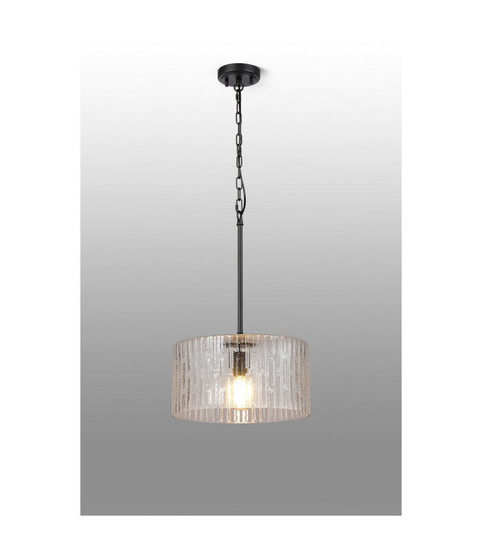 Forest 38cm Satin Black Pendant/Semi Flush/Semi Flush 1 x E27 Drum Ribbed Glass (B)-3