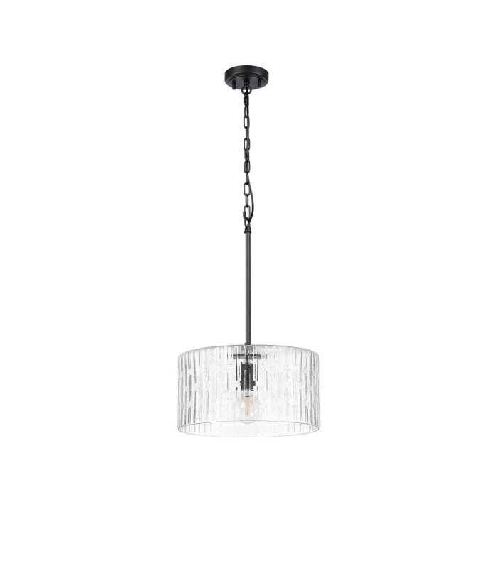 Forest 38cm Satin Black Pendant/Semi Flush/Semi Flush 1 x E27 Drum Ribbed Glass (B)-4