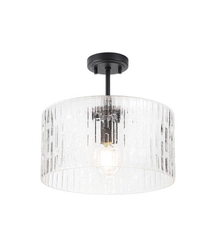 Forest 38cm Satin Black Pendant/Semi Flush/Semi Flush 1 x E27 Drum Ribbed Glass (B)-5