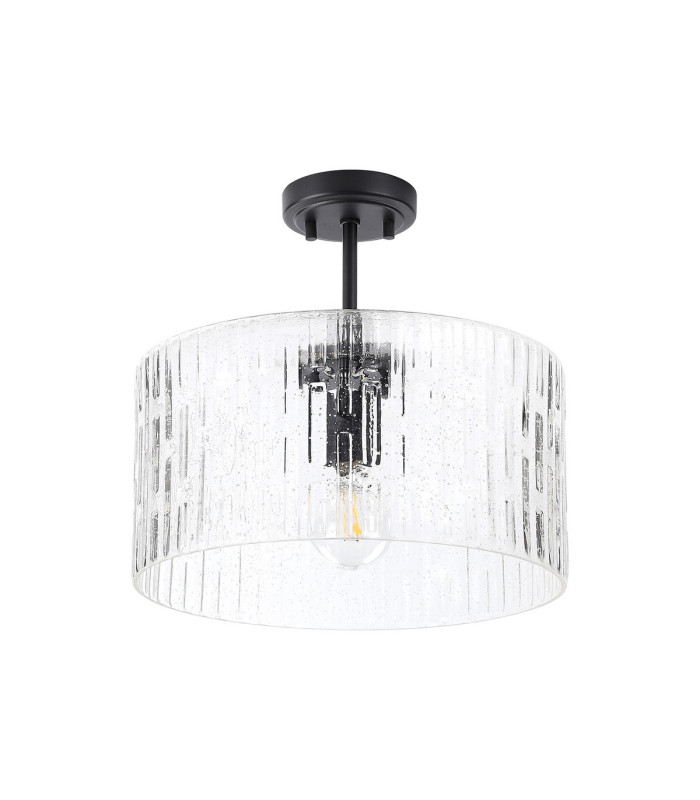 Forest 38cm Satin Black Pendant/Semi Flush/Semi Flush 1 x E27 Drum Ribbed Glass (B)-10