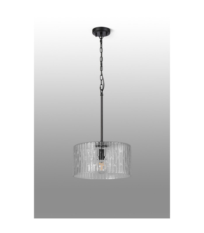 Forest 38cm Satin Black Pendant/Semi Flush/Semi Flush 1 x E27 Drum Ribbed Glass (B)-11