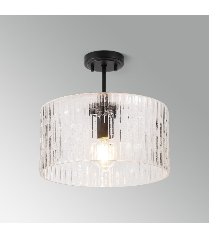 Forest 38cm Satin Black Pendant/Semi Flush/Semi Flush 1 x E27 Drum Ribbed Glass (B)-12
