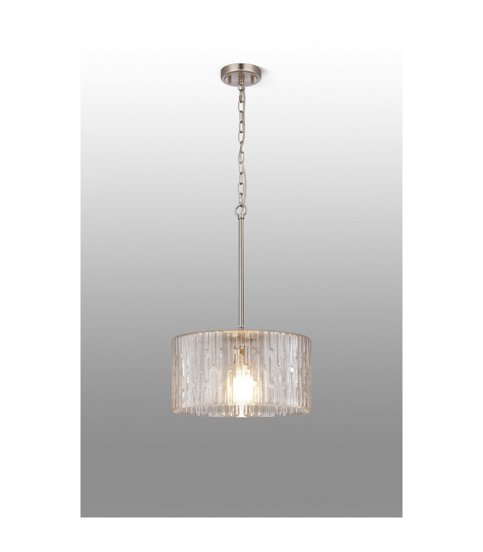 Forest 38cm Satin Nickel Pendant/Semi Flush/Semi Flush 1 x E27 Drum Ribbed Glass (B)-3