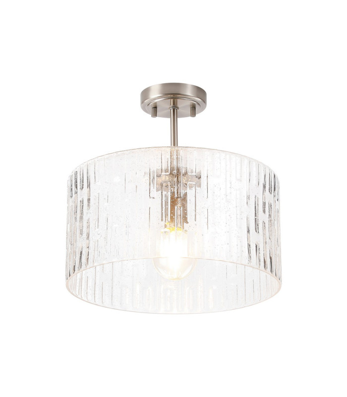 Forest 38cm Satin Nickel Pendant/Semi Flush/Semi Flush 1 x E27 Drum Ribbed Glass (B)-5
