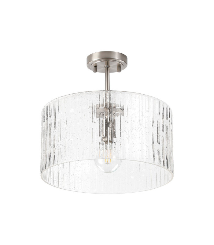 Forest 38cm Satin Nickel Pendant/Semi Flush/Semi Flush 1 x E27 Drum Ribbed Glass (B)-10