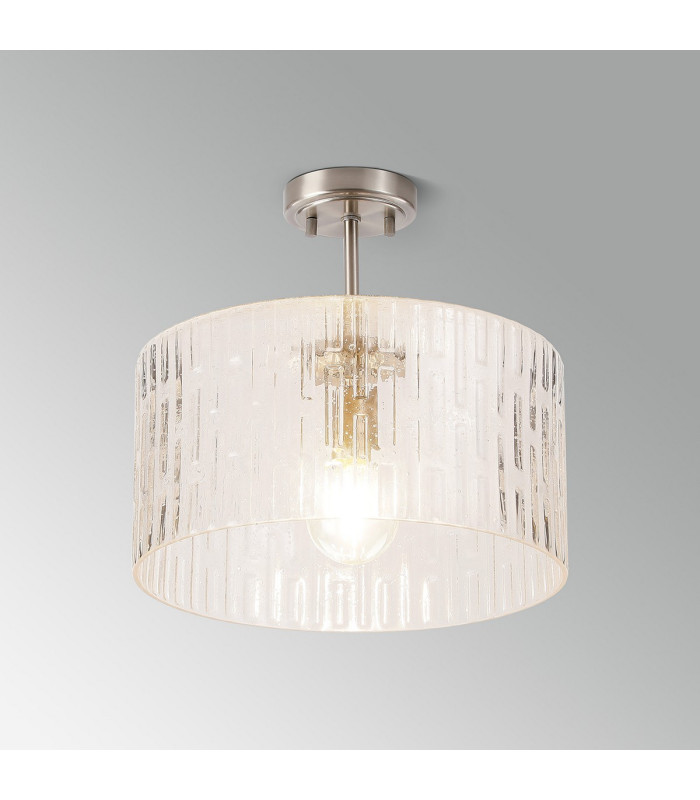 Forest 38cm Satin Nickel Pendant/Semi Flush/Semi Flush 1 x E27 Drum Ribbed Glass (B)-12