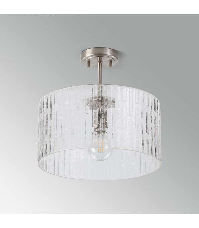 Forest 38cm Satin Nickel Pendant/Semi Flush/Semi Flush 1 x E27 Drum Ribbed Glass (B)-13