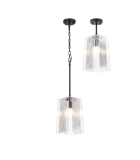 Forest 19cm Satin Black Pendant/Semi Flush/Semi Flush 1 x E27 Square Ribbed Glass (C)-1