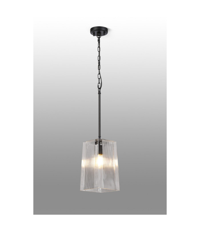 Forest 19cm Satin Black Pendant/Semi Flush/Semi Flush 1 x E27 Square Ribbed Glass (C)-3