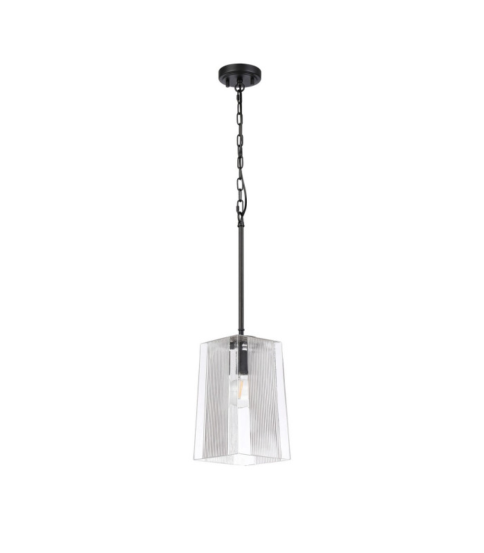 Forest 19cm Satin Black Pendant/Semi Flush/Semi Flush 1 x E27 Square Ribbed Glass (C)-4