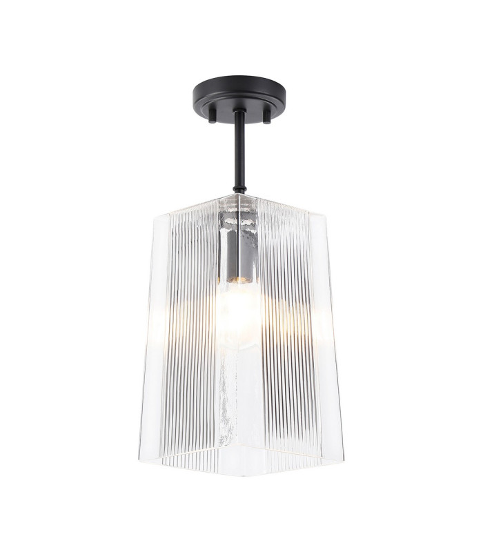 Forest 19cm Satin Black Pendant/Semi Flush/Semi Flush 1 x E27 Square Ribbed Glass (C)-5